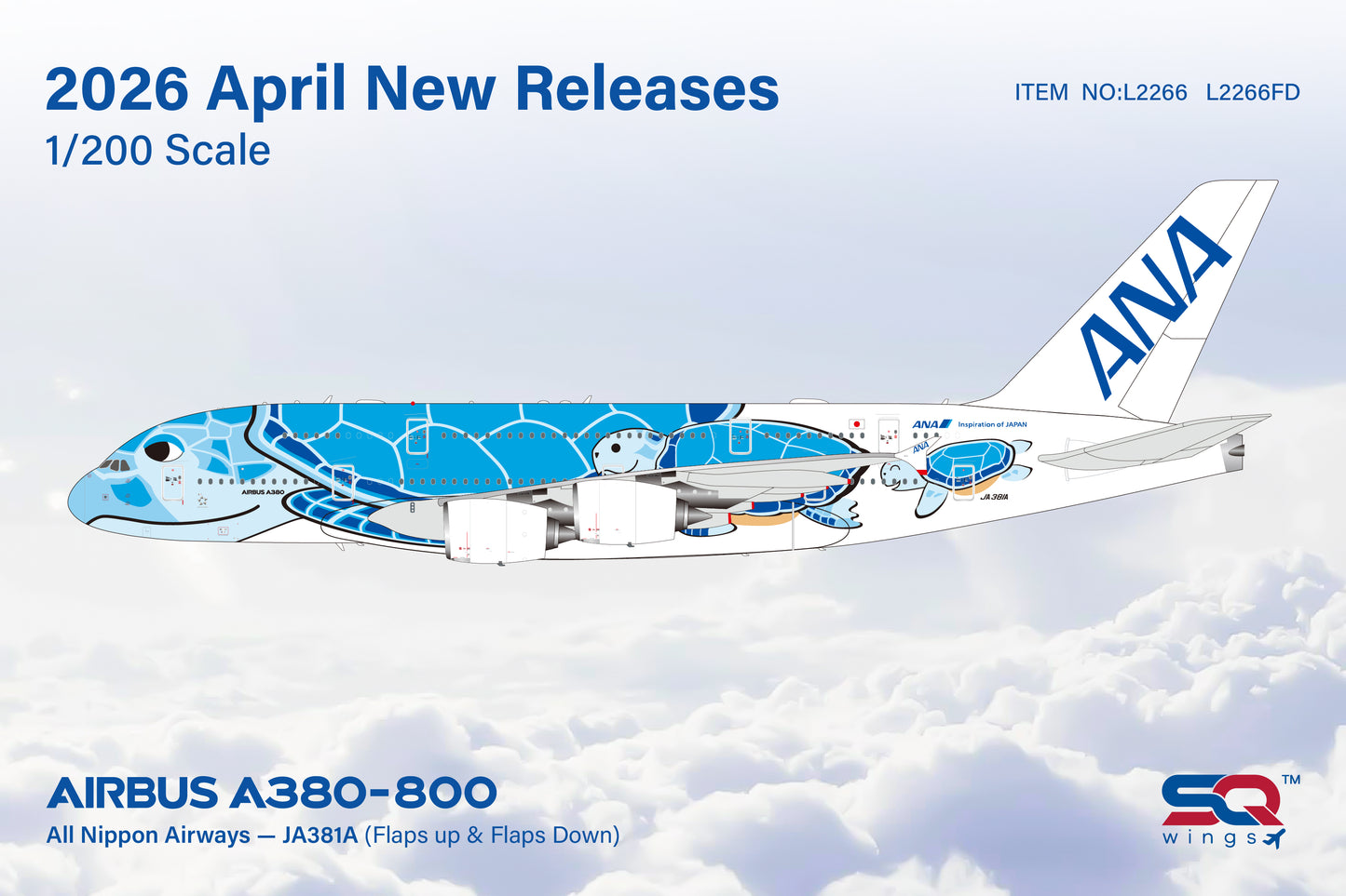Pre-order 1:200 ANA All Nippon Airways  A380-800 “Flying Honu Blue” SQ Wings Flaps Down*