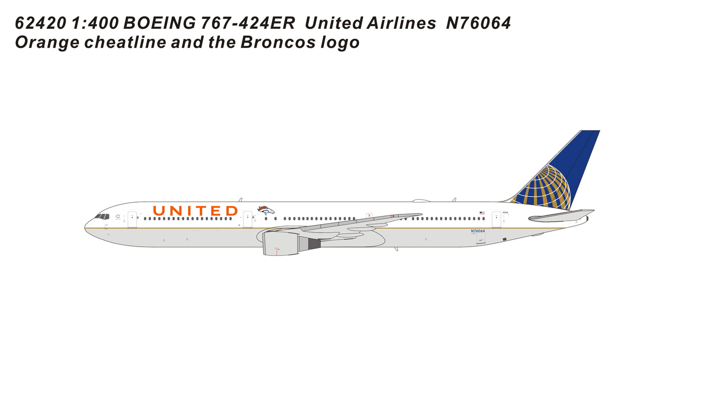 Pre-order 1:400 United Airlines B767-400ER "Orange Cheatline and Bronco Logo" Pandamodel